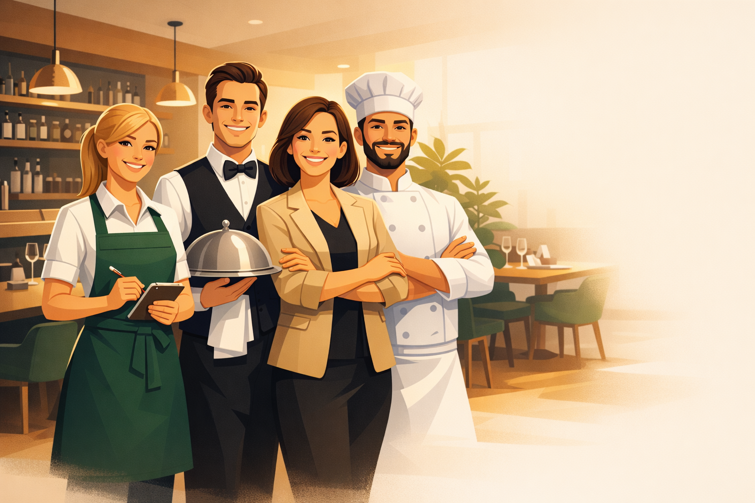 Ein fröhliches Hospitality-Team mit Servicekraft, Küchenleitung und Betriebsverantwortung in einer hellen Gastro-Szene